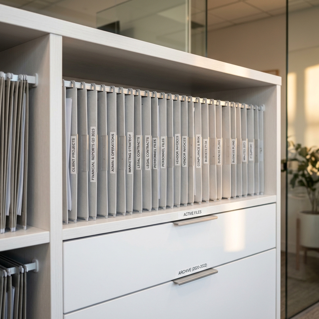 Structured and labeled filing shelves
